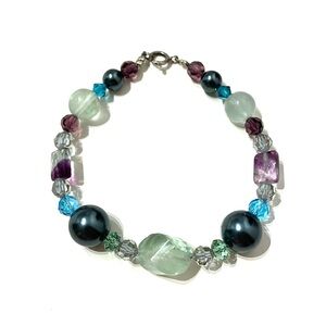 Natural Stone, Crystal & Faux Pearl Bracelet 925 Clasp